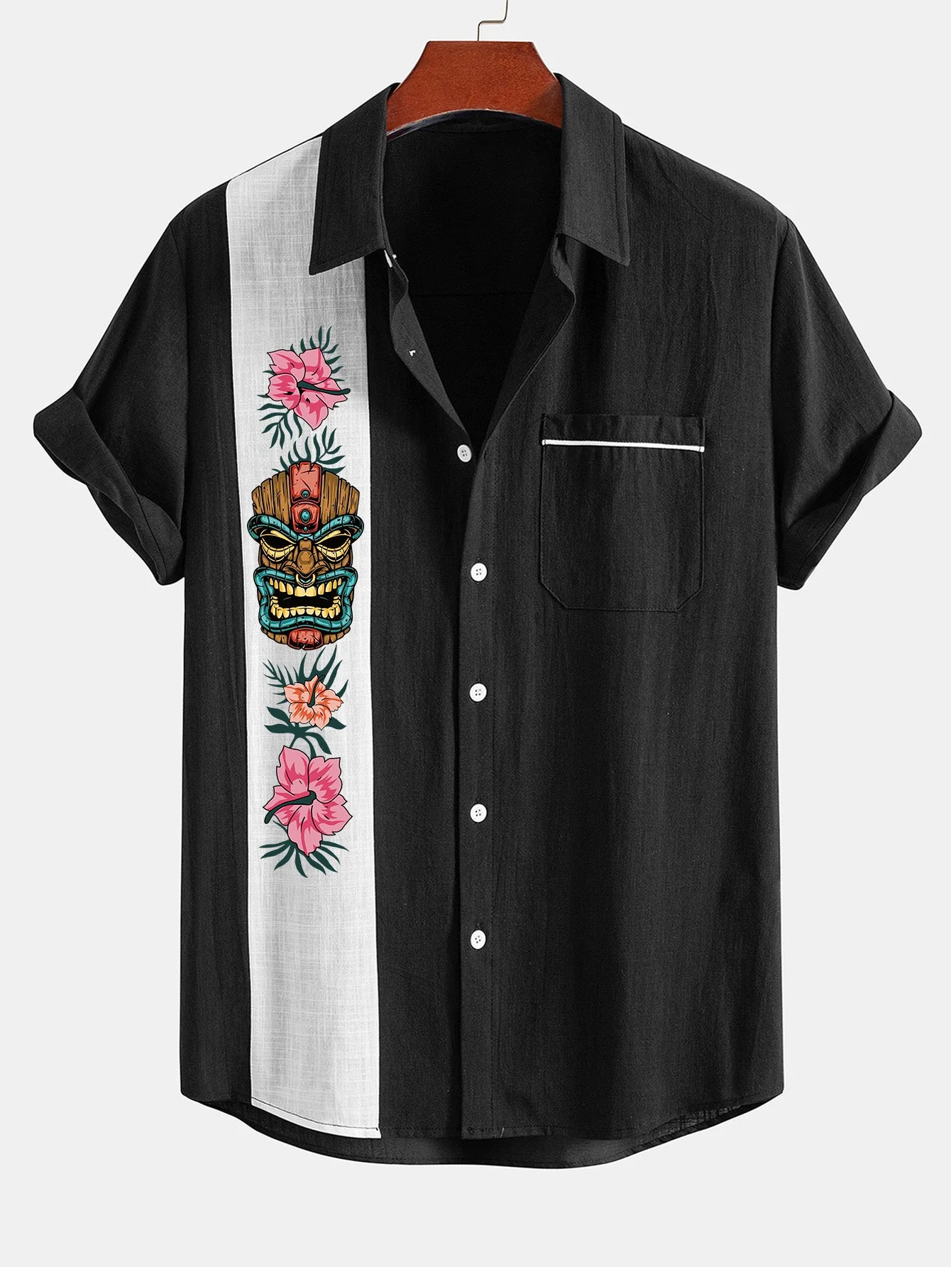Ivan® | Tiki Tribe Hawaii Print Linen Look Contrast Button Up Shirt - Image 5