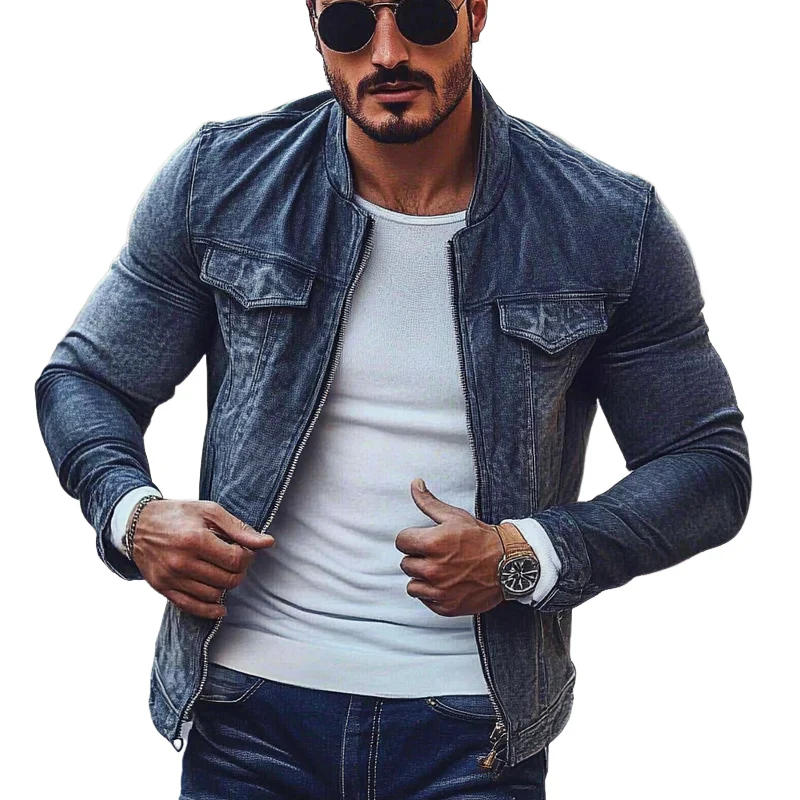 Jonathan | Men'S Stylish Motorcycle Washed Stand Collar Zipper Denim Jacket