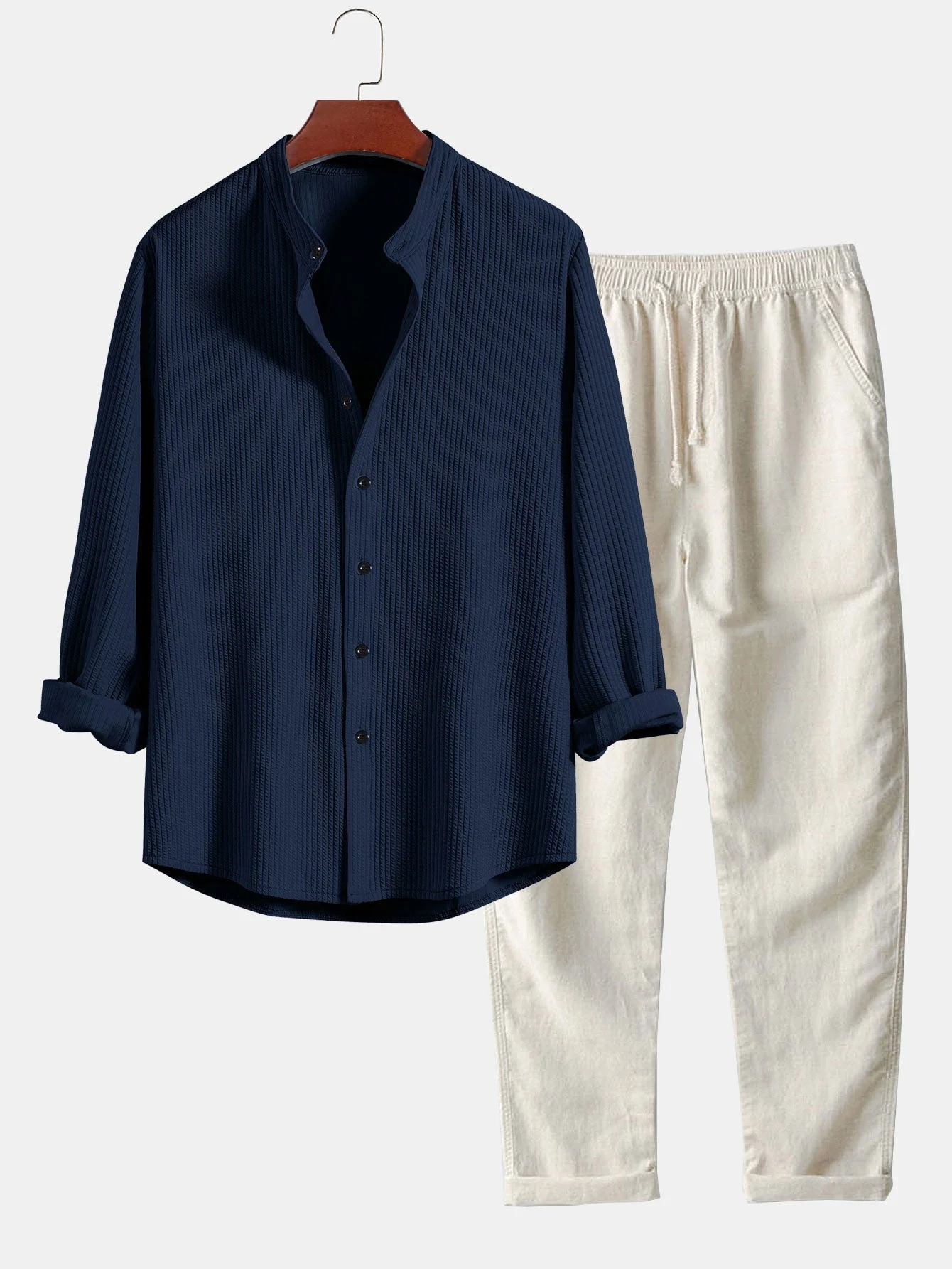 Joris® | Ribbed Muscle Fit Long Sleeve Shirt With Mandar Collar & Straight Leg Linen Trousers - Image 8