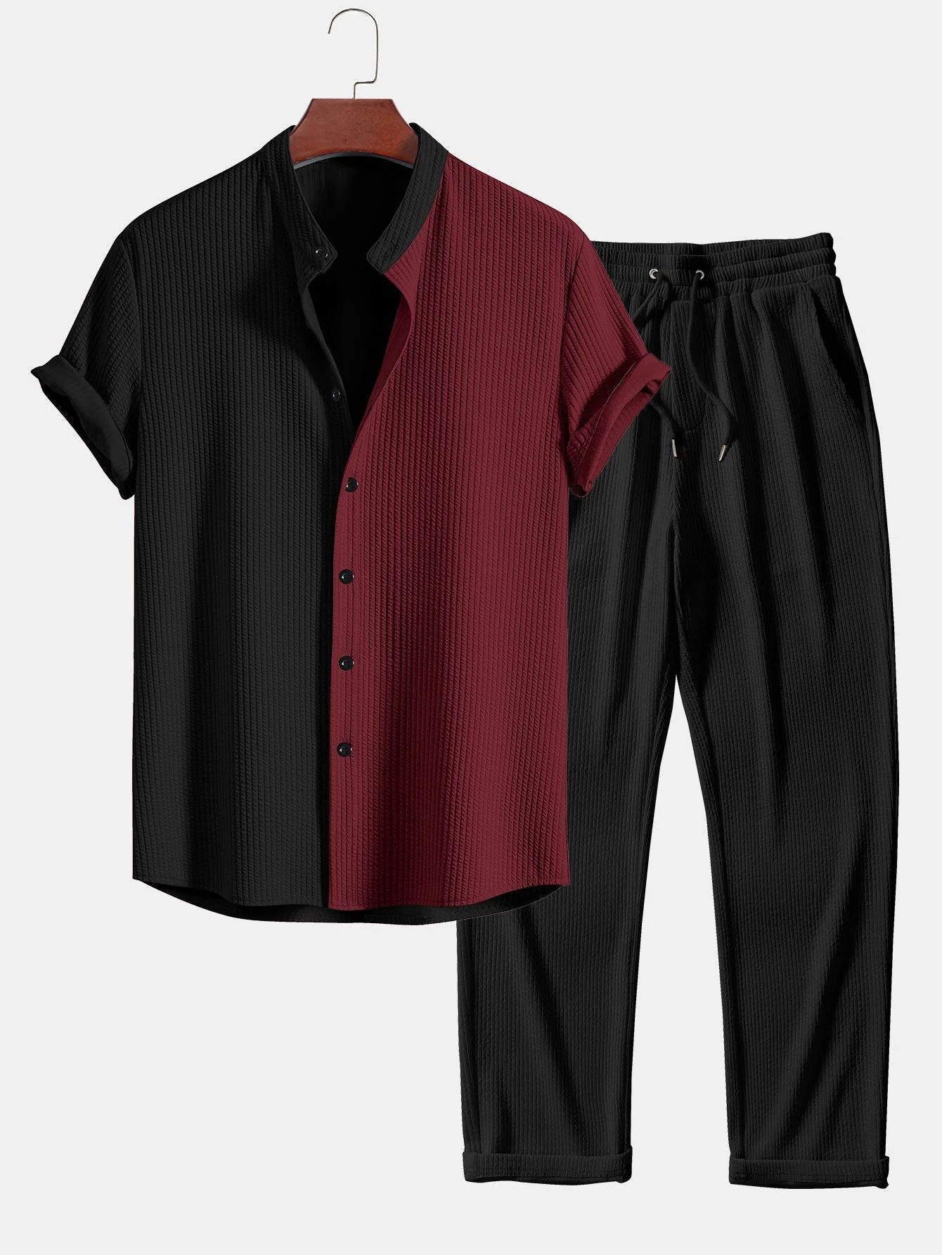 Joy® | Muscle Fit Ribbed Shirt With Mandar Collar & Ribbed Straight Leg Trousers - Image 2