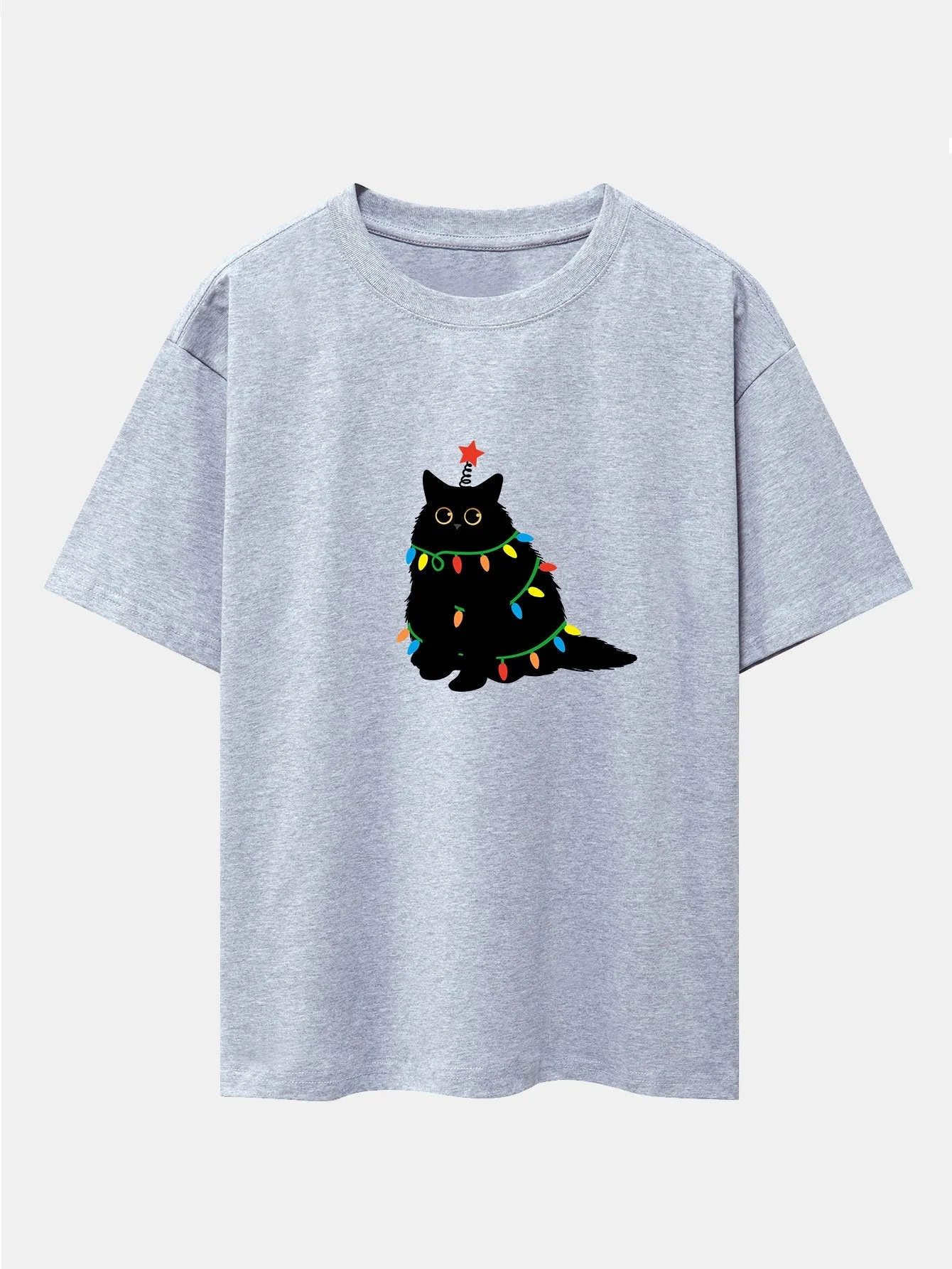 Juan® | Christmas Lights Black Cat Print Drop Shoulder Oversize T-Shirt - Image 12