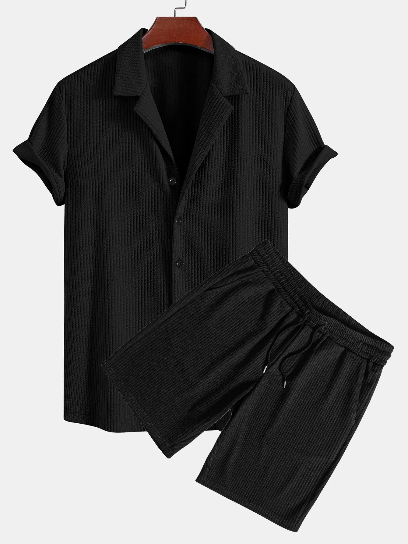 Juan® | Muscle Fit Ribbed Deep Cuban Shirt & Drawstring Ribbed Shorts - Image 2