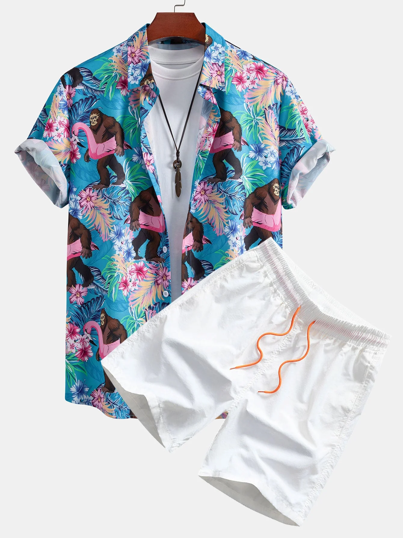Justin® | Tropical Plants And Orangutan Print Button Up Shirt & Swim Shorts - Image 2
