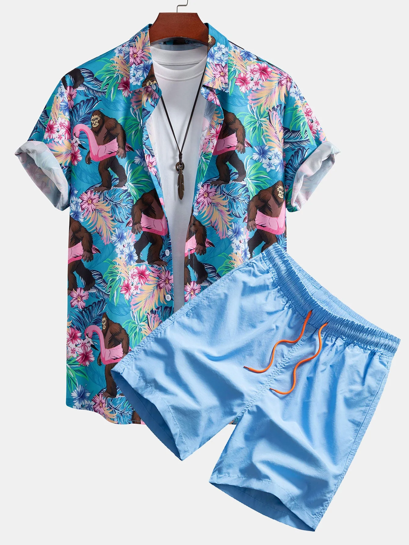 Justin® | Tropical Plants And Orangutan Print Button Up Shirt & Swim Shorts - Image 3