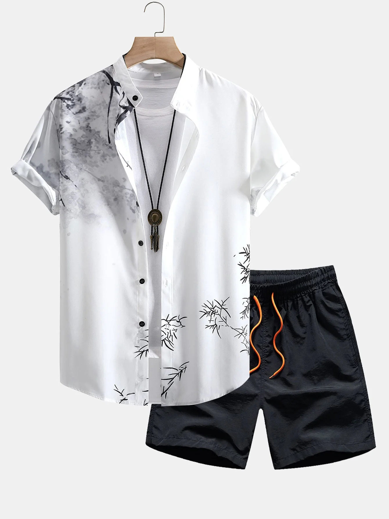 Kris® | Traditional Oriental Ink Painting Print Stand Collar Shirt & Drawstring Swim Shorts