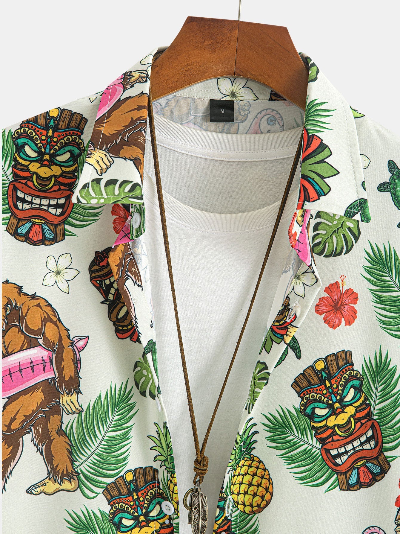 Leon® | Tropical Tiki Bigfoot Print Button Up Shirt & Solid Drawstring Swim Shorts - Image 13