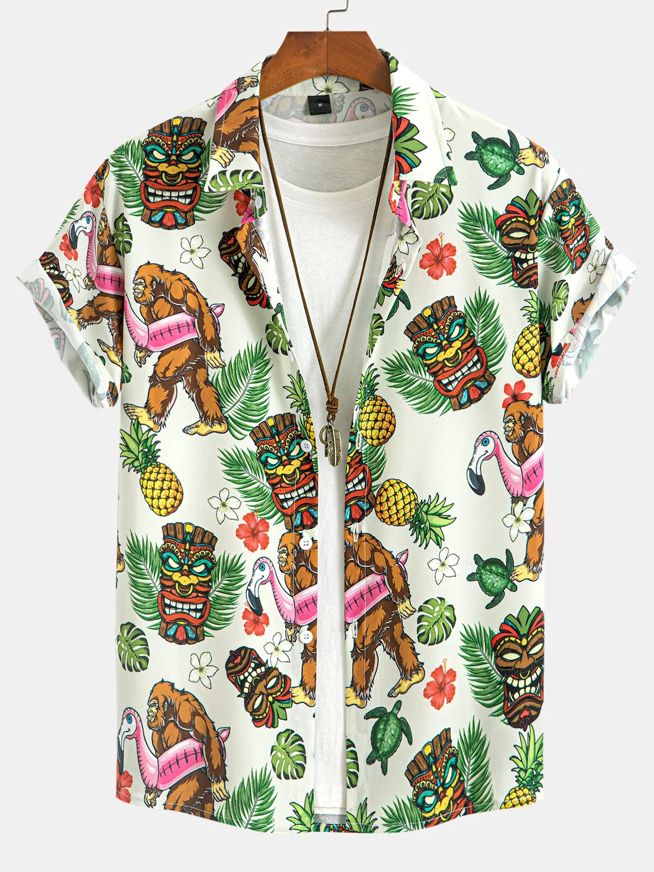 Leon® | Tropical Tiki Bigfoot Print Button Up Shirt & Solid Drawstring Swim Shorts - Image 3