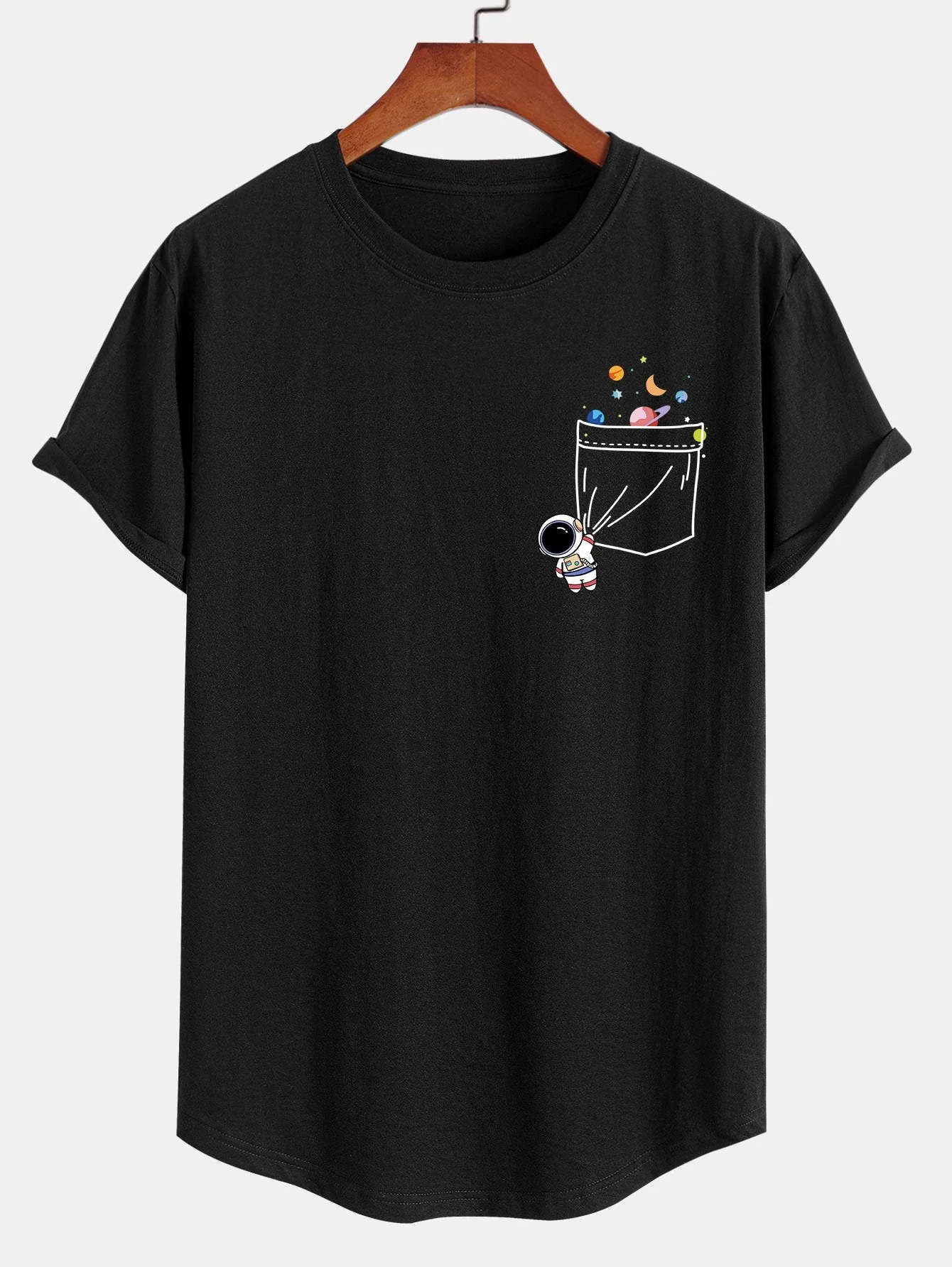 Leopoldo® | Astronaut Space Pocket Print Cotton Arc Hem T-Shirt