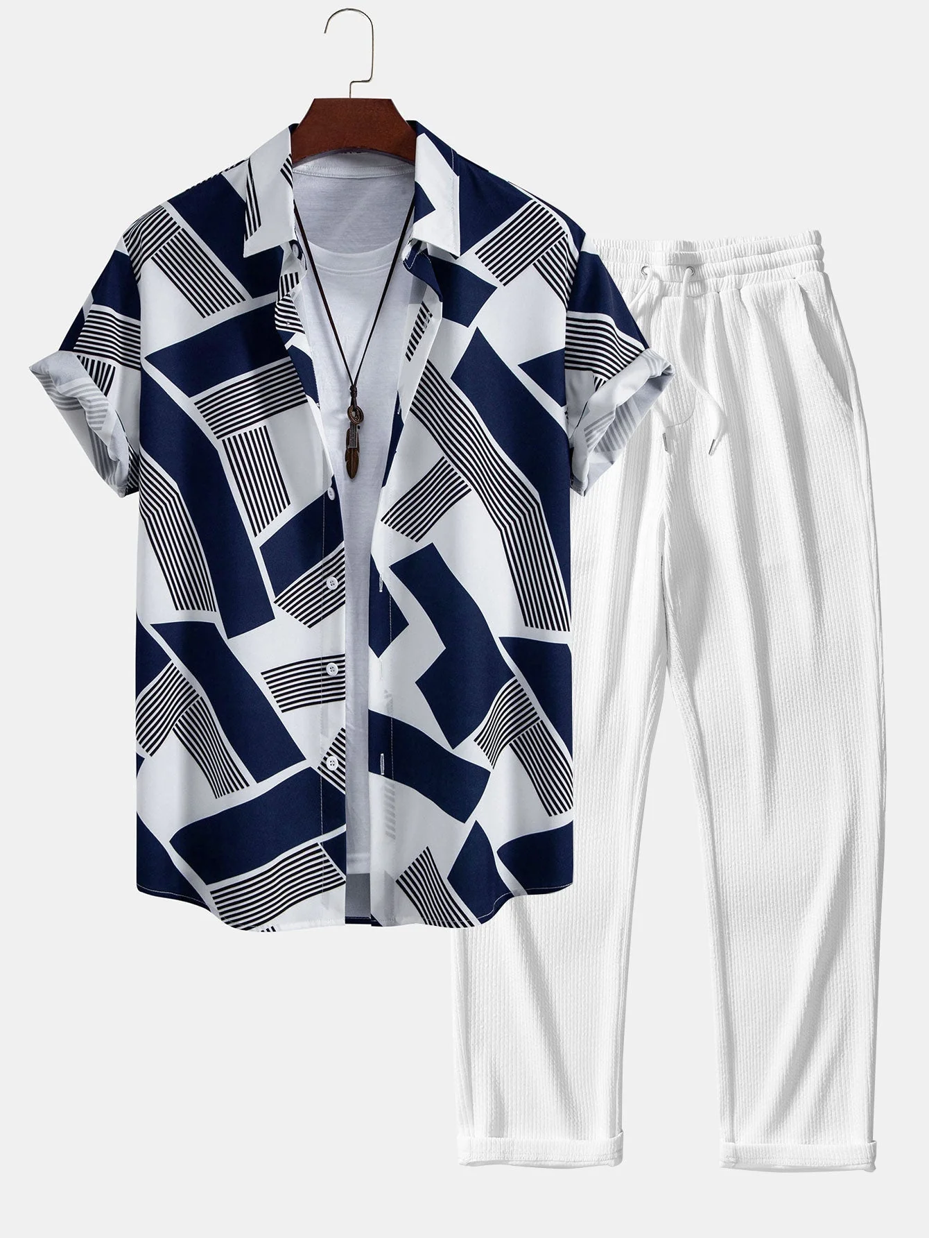 Lorenzo® | Color Block Geometry Print Button Up Shirt & Straight Leg Ribbed Pants - Image 2