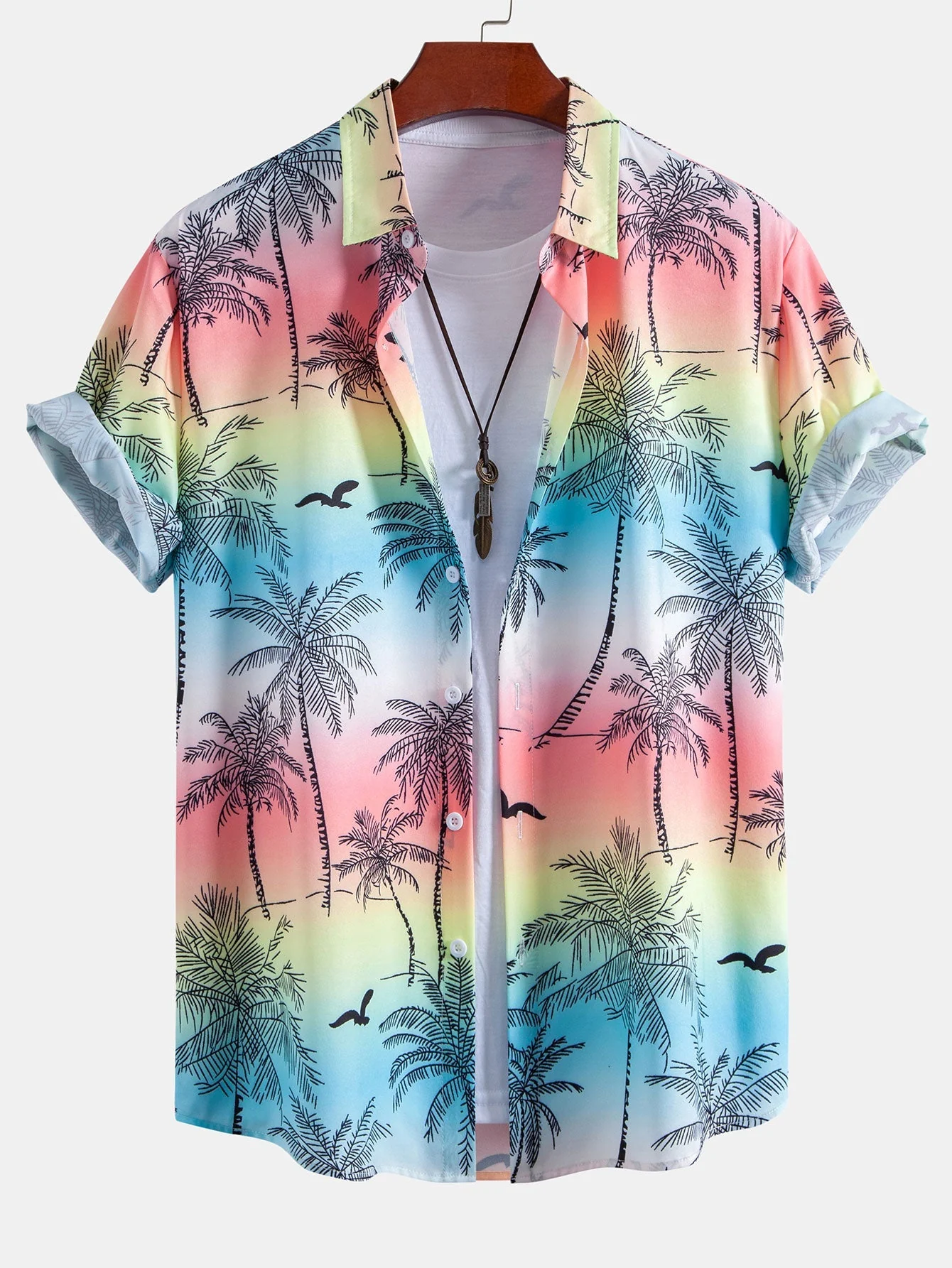 Manlio® | Palm Tree Seagull Print Button Up Shirt