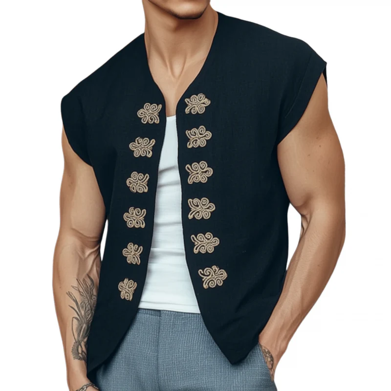 Marc | Men'S Vintage Embroidered Cotton Blended Collarless Loose Short Sleeve Shirt Cardigan