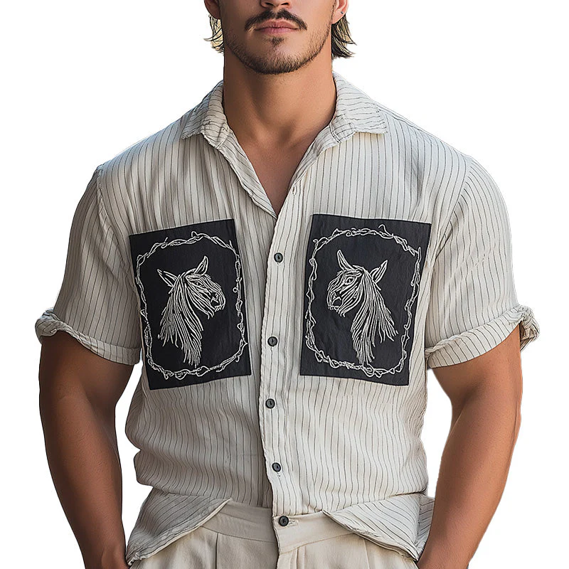 Marshall | Men'S Summer Fashion Plaid Embroidery Patchwork Short Sleeve Shirt