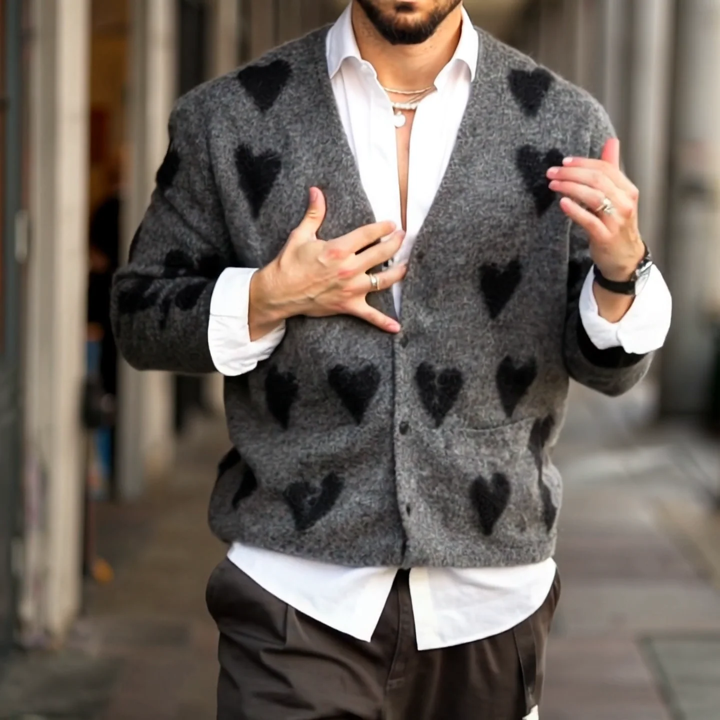 Men's Fashion Heart Graphic V Neck Single Breastednit Cardigan