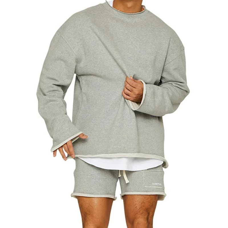 Men's Fashion Solid Color Loose Rolled Sweatshirt Shorts Set - Image 3