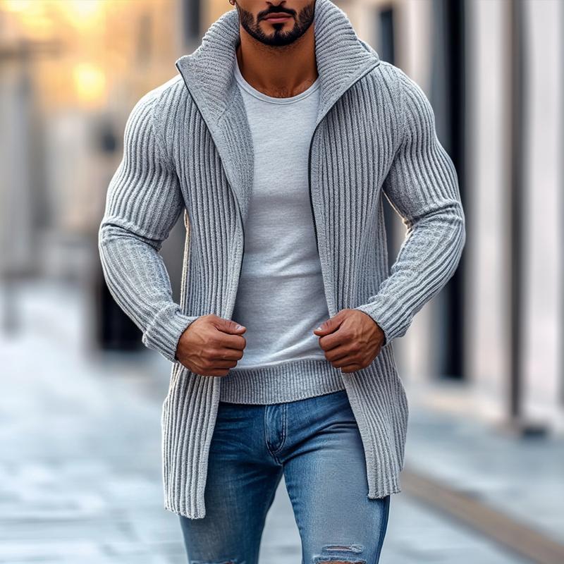 Men's Fashion Stand Collar Solid Striped Long Sleeve Mid-length Knit Cardigan - Image 7