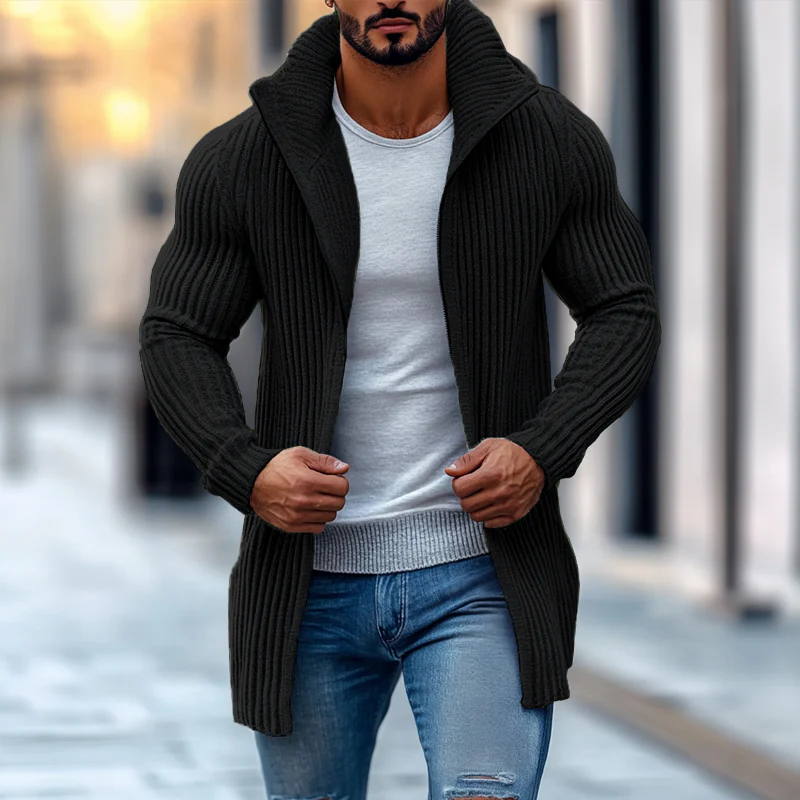 Men's Fashion Stand Collar Solid Striped Long Sleeve Mid-length Knit Cardigan - Image 8