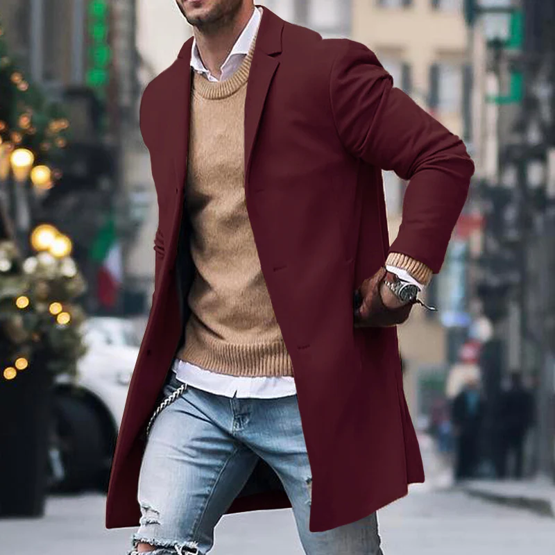 Men's Notch Lapel Single Breasted Mid-length Coat - Image 4