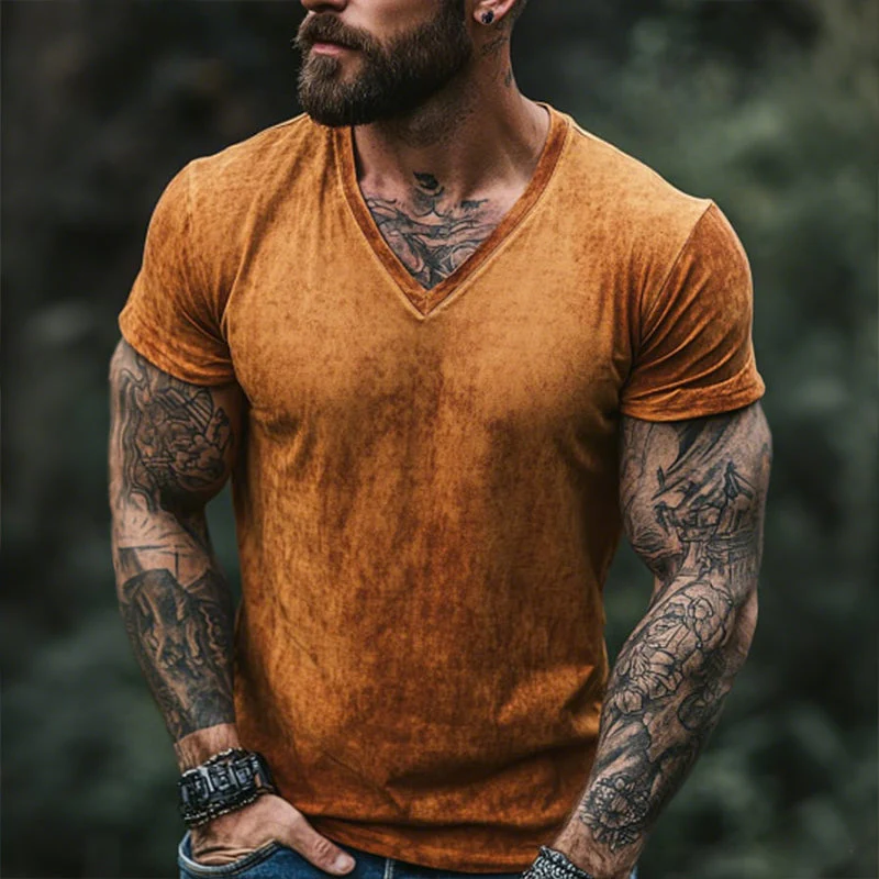 Men's Retro Casal Shabby Printed V-Neck Short Sleeve T-Shirt - Image 3