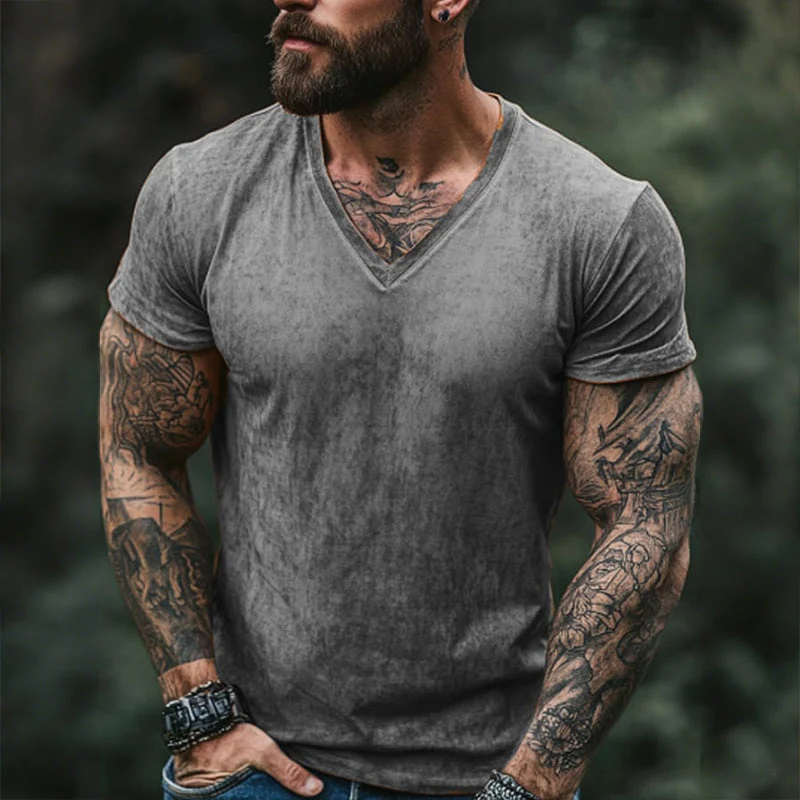 Men's Retro Casal Shabby Printed V-Neck Short Sleeve T-Shirt - Image 5