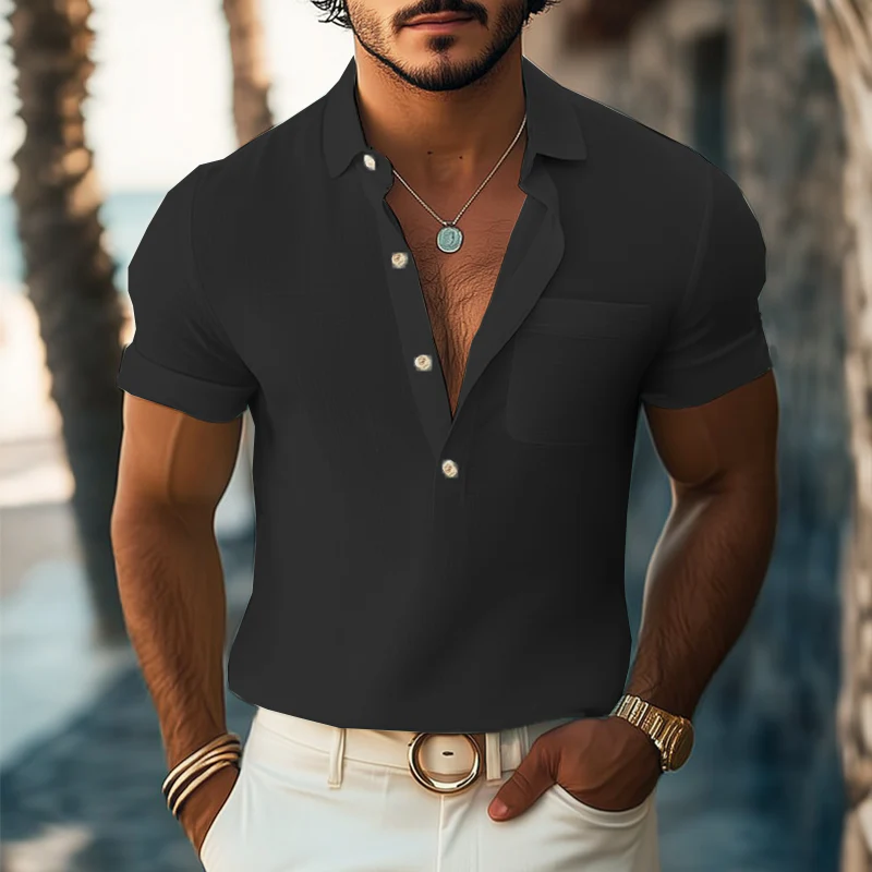 Men's Smmer Basic Polo Collar Textred Short-sleeved T-shirt