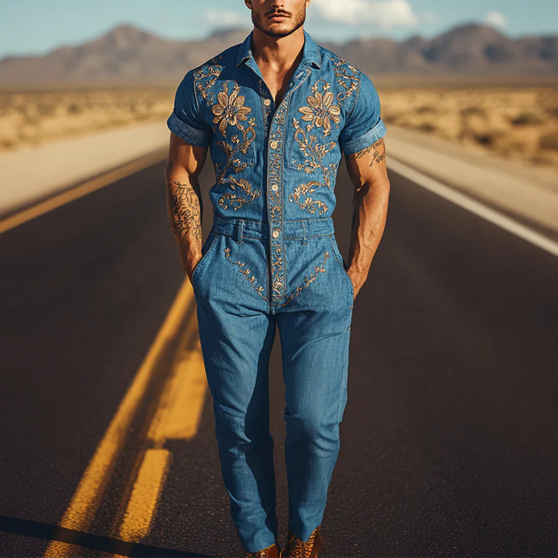 Men's Smmer Fashion Casal Classic Western Style Tencel DeniEmbroidered Jmpsit
