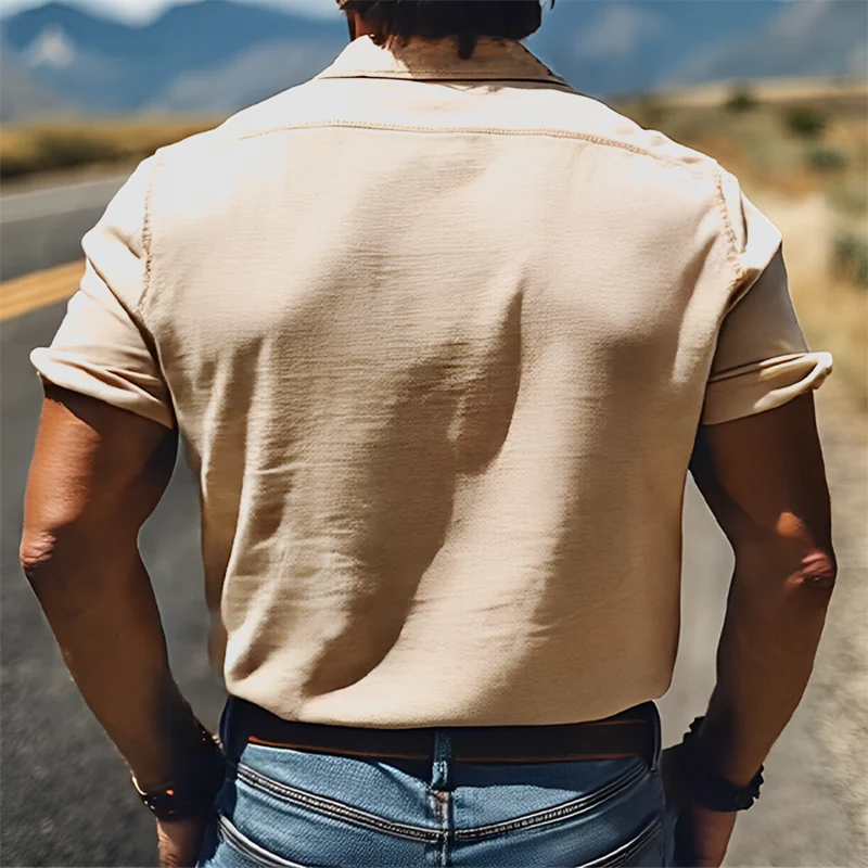 Men's Smmer Fashion Classic Retro Western Style Embroidered Cotn and Linen Short Sleeve Shirt