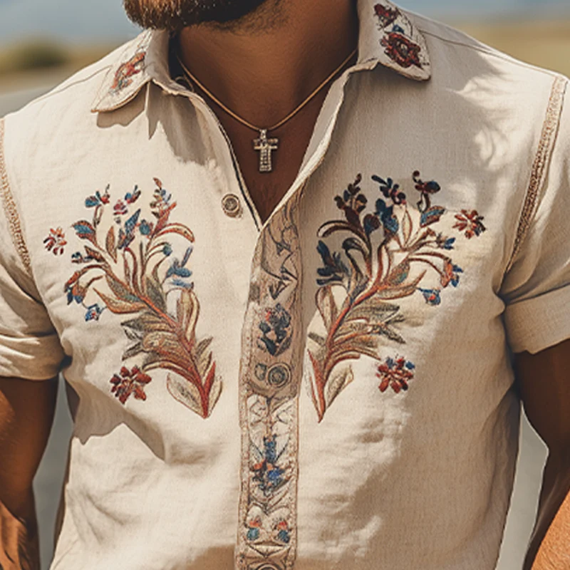 Men's Smmer Fashion Classic Retro Western Style Embroidered Cotn and Linen Short Sleeve Shirt - Image 4