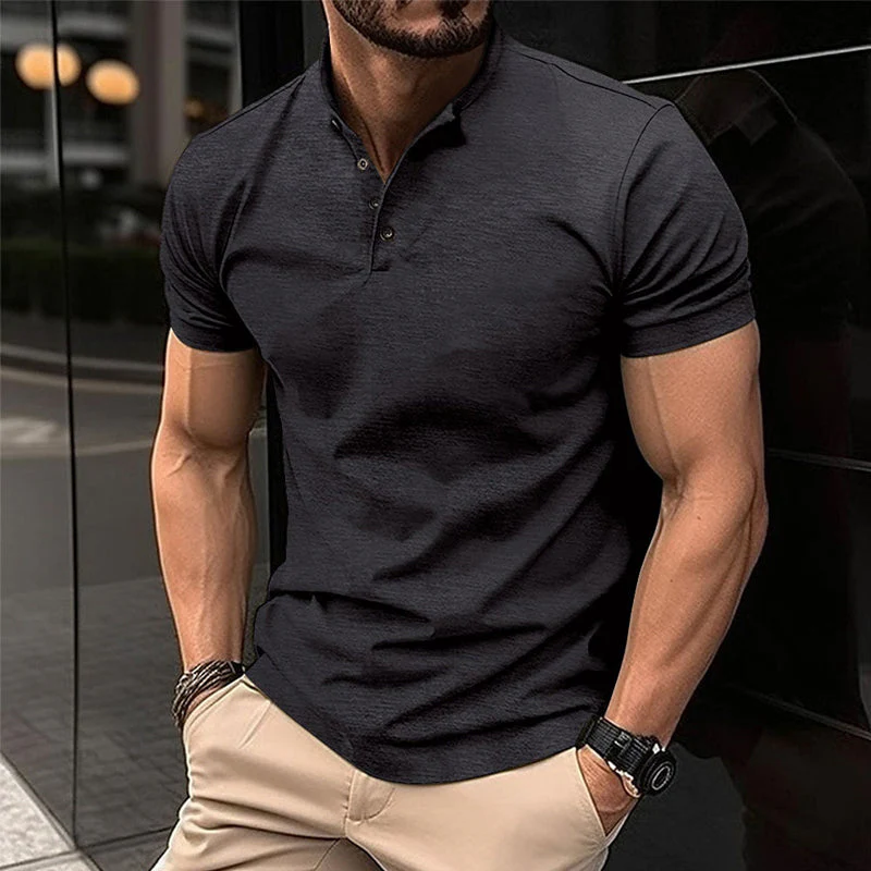 Men's Solid Color Btn Henley Neck Sports Polo Shirt - Image 2