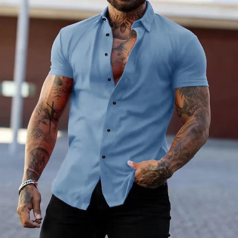 Men's Solid Lapel Short Sleeve Sports Fitness Shirt - Image 7