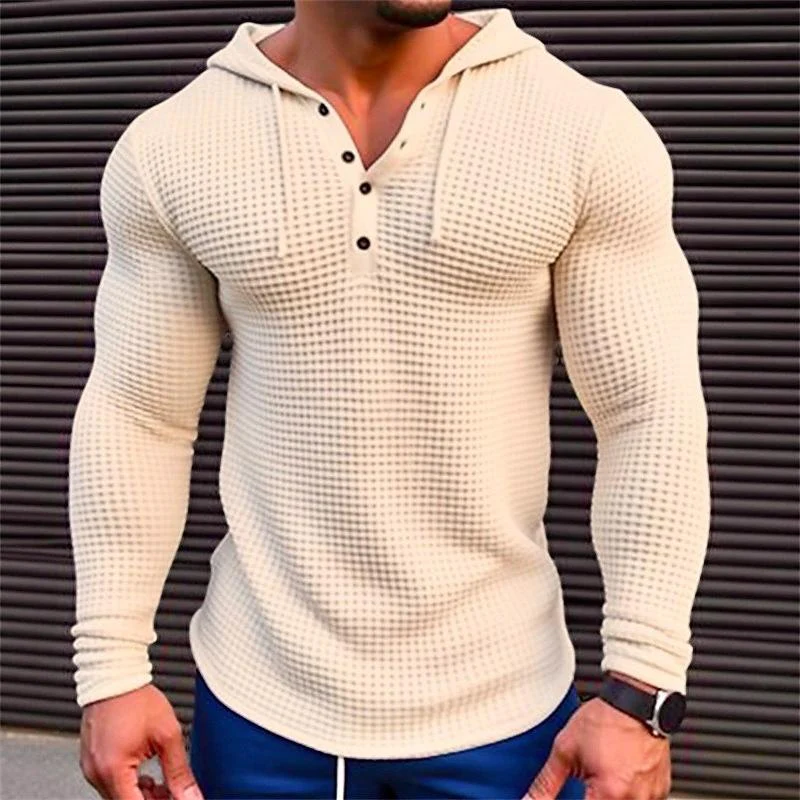 Men's Solid Waffle Long Sleeve Casal Hoodie - Image 5