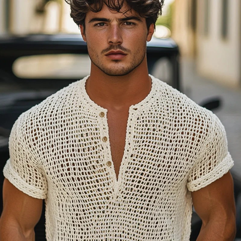 Men's Solidnit Hollow Henley Collar Short Sleeve T-shirt - Image 2