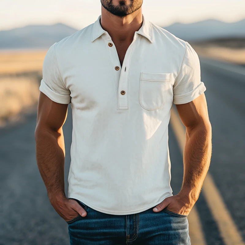 Men's Spring Fashion Retro Western Style Sede Short Sleeve Polo Shirt