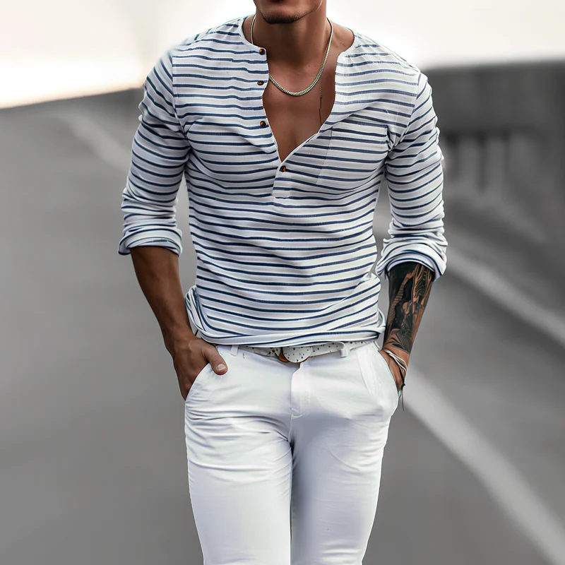Men's Striped Henley Collar Long Sleeve Casal T-shirt
