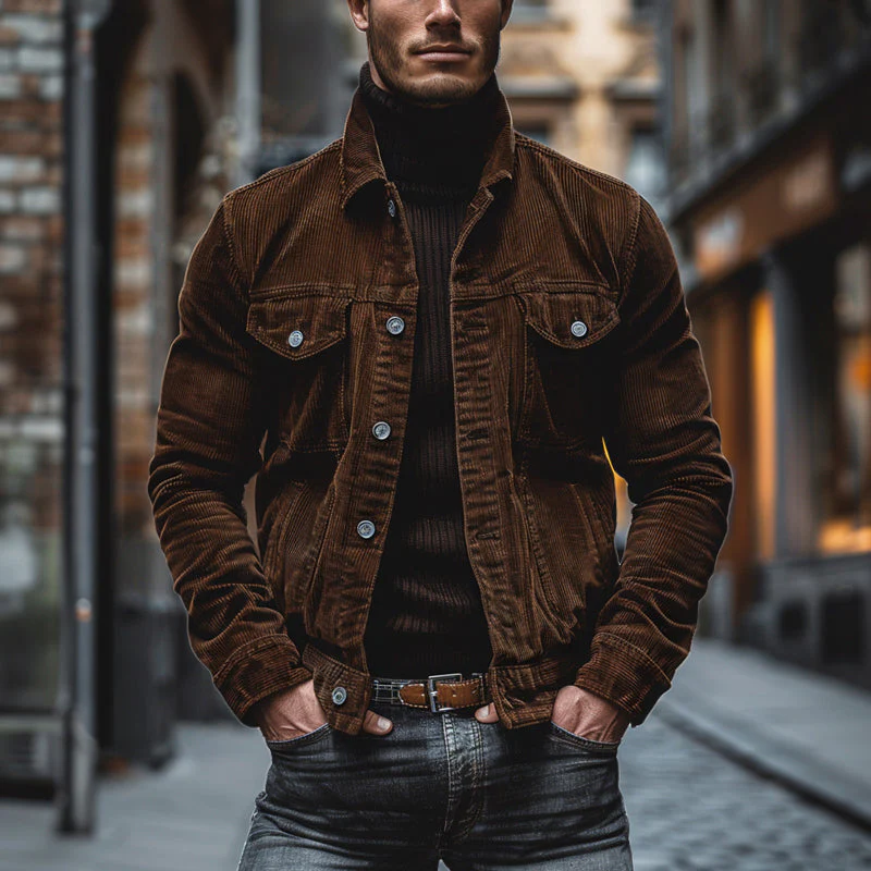 Men's Vine Cordroy Lapel Single Breastedlti-Pocket Work Jacket