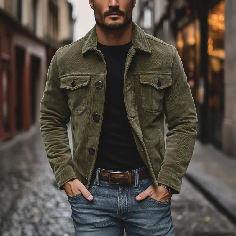 Men's Vine Solid Color Cordroy Lapel Single Breasted Chest Pocket Cargo JacketM