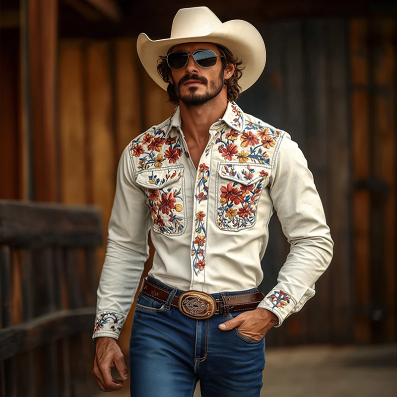 Men's Western Cowboy Style Embroidered Lapel Chest Pocket Long Sleeve Cotn Shirt