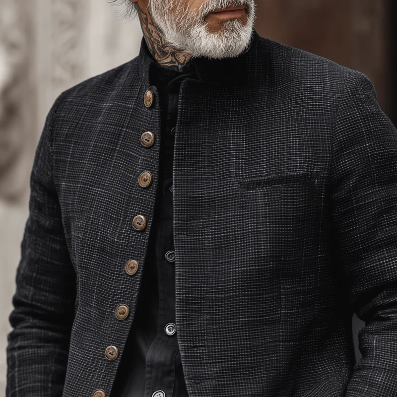 Men's Woven Textred Plaid Stand Collar Single-Breasted Jacket