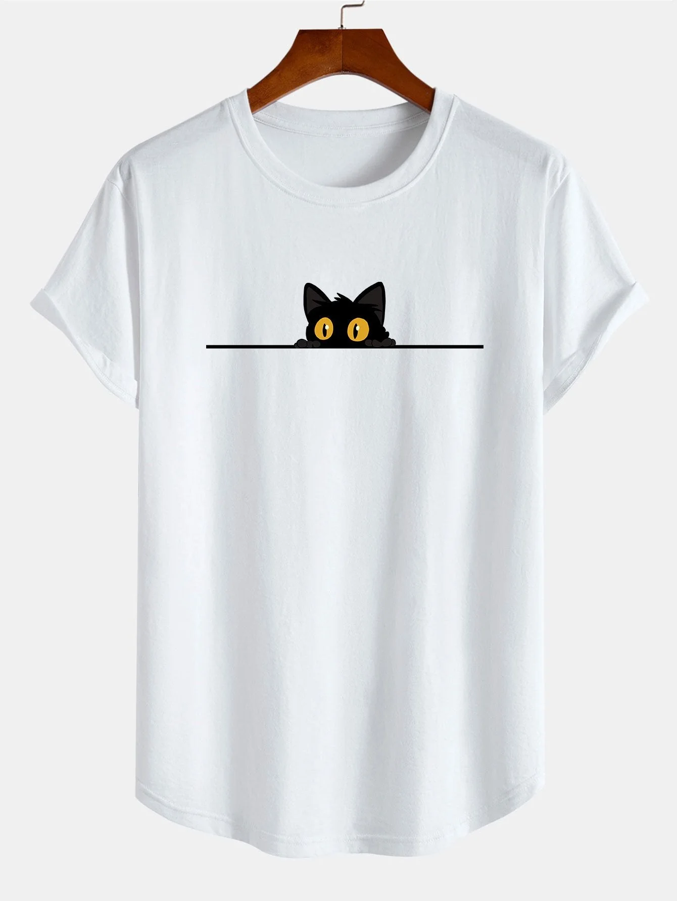 Neil® | Black Cat Print Cotton Arc Hem T-Shirt - Image 2