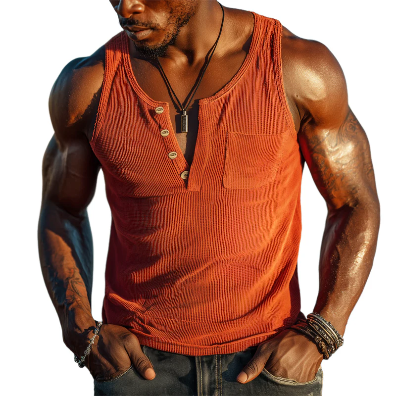 Orin | Men'S Summer Henley Neck Waffle Solid Tank Top