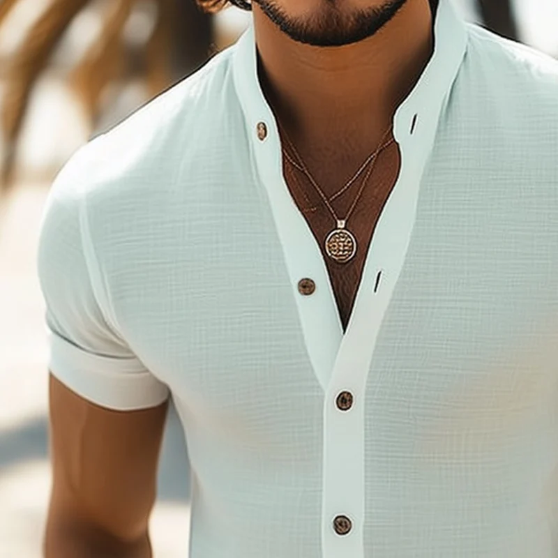 Oscar | Men'S Summer Basic Stand Collar Textured Short Sleeve Shirt - Image 10