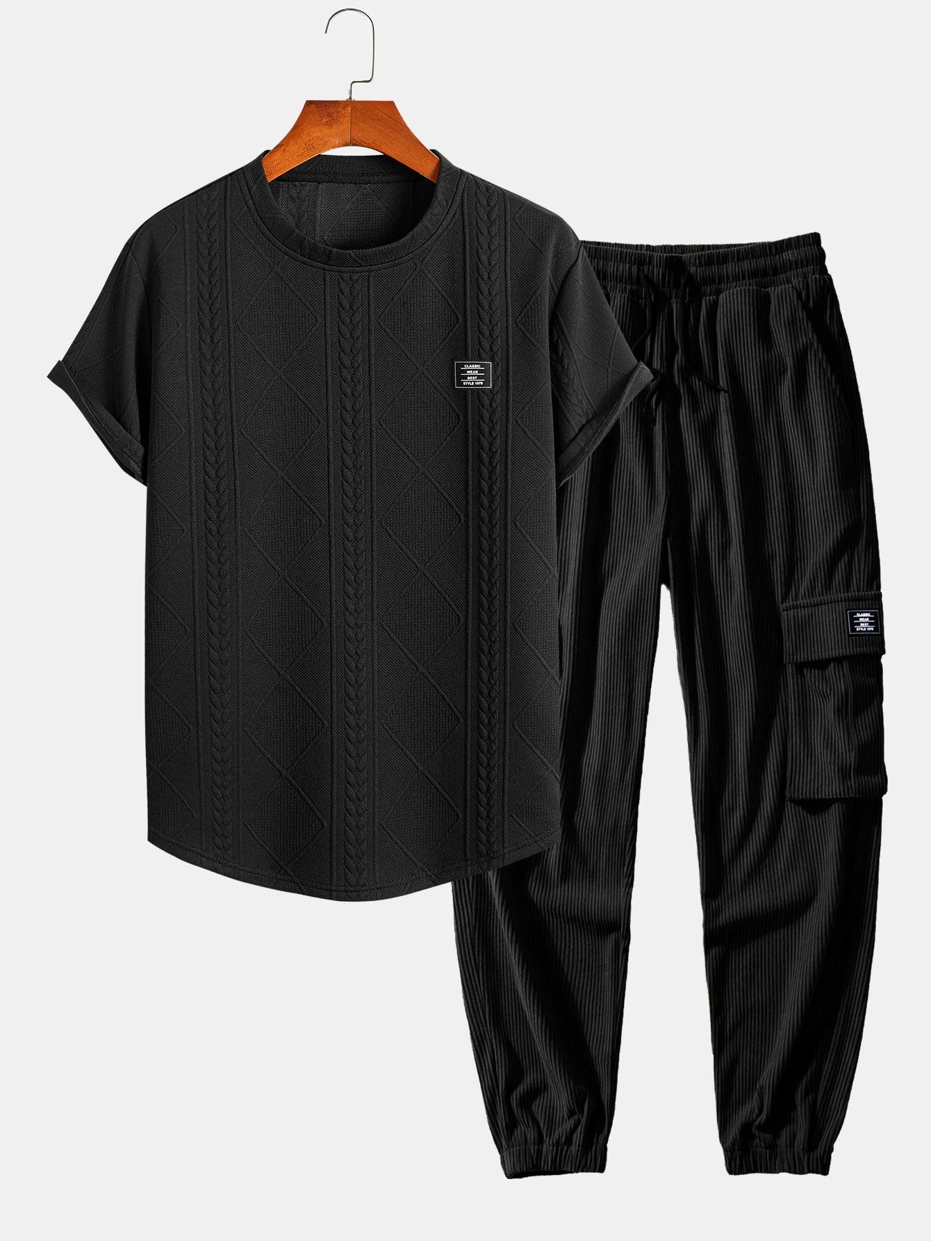 Quintiliano® | Short Sleeve Geometric Jacquard Arc Hem T-Shirt & Drawstring Corduroy Cargo Jogger Pants - Image 2
