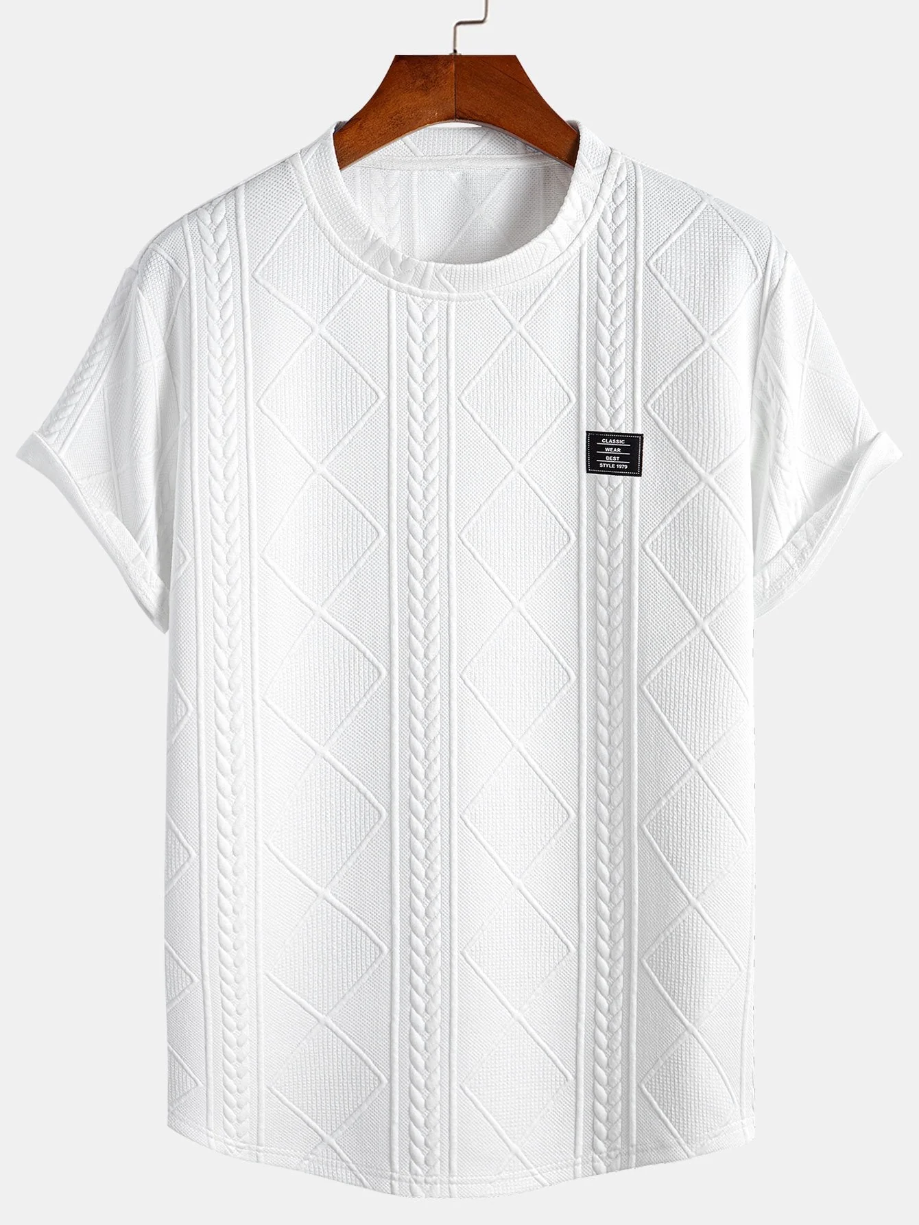 Quintiliano® | Short Sleeve Geometric Jacquard Arc Hem T-Shirt & Drawstring Corduroy Cargo Jogger Pants - Image 4