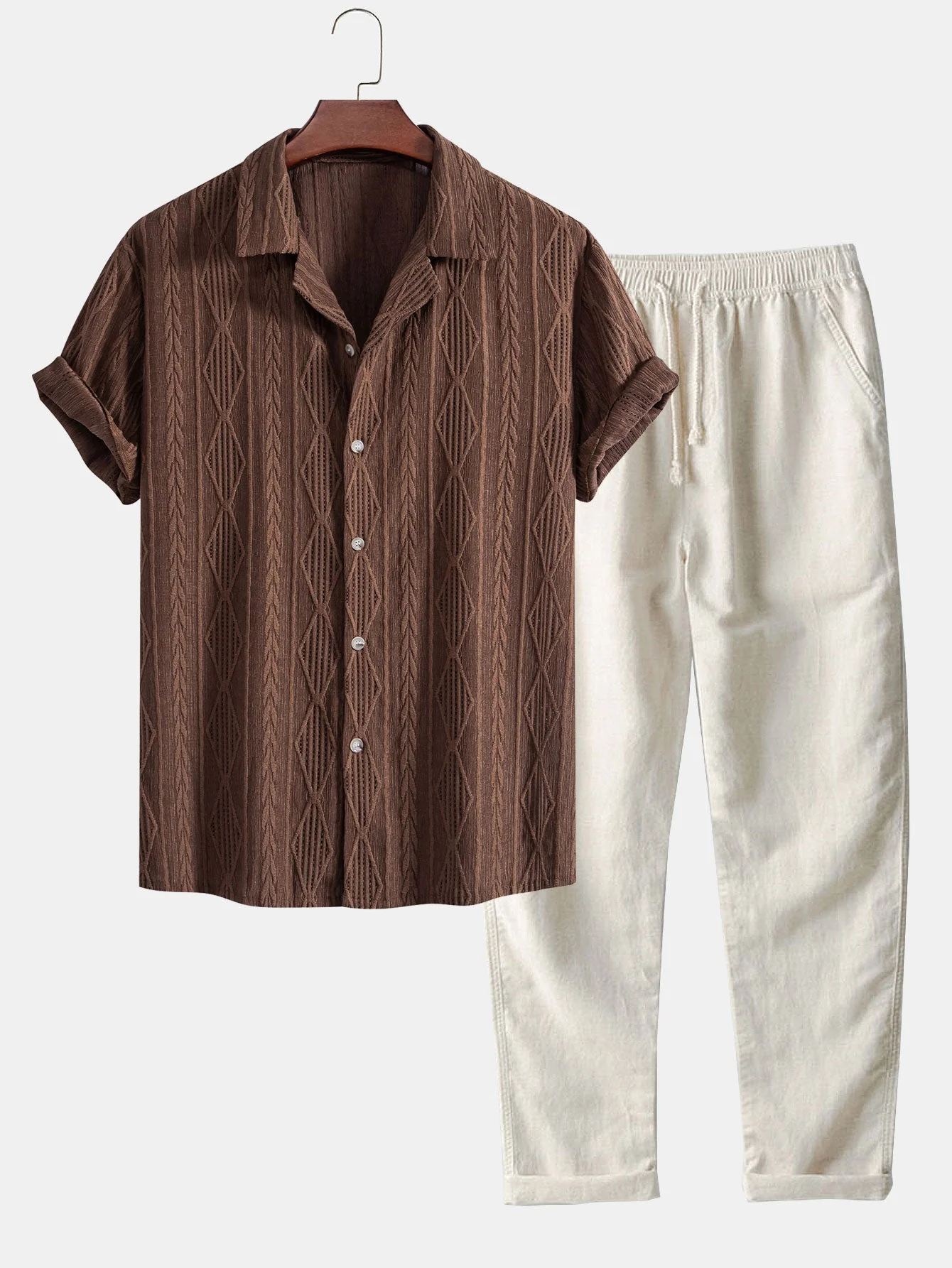 Rafael® | Geometric Jacquard Eyelet Cuban Shirt & Straight Leg Linen Pants