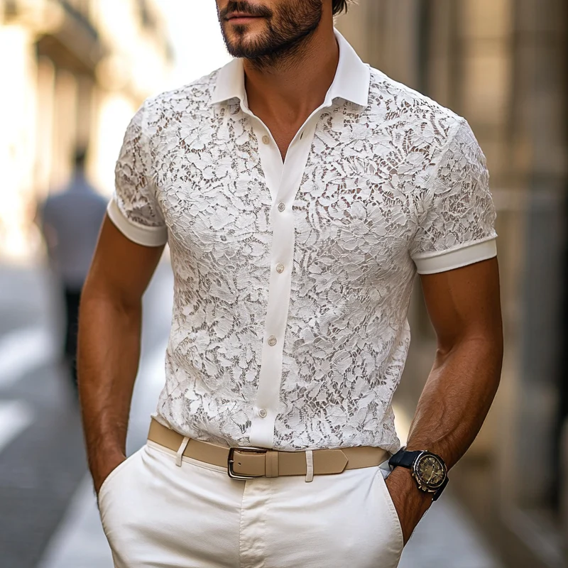 Ricardo | Men'S Solid Lace Lapel Short Sleeve Shirt - Image 2