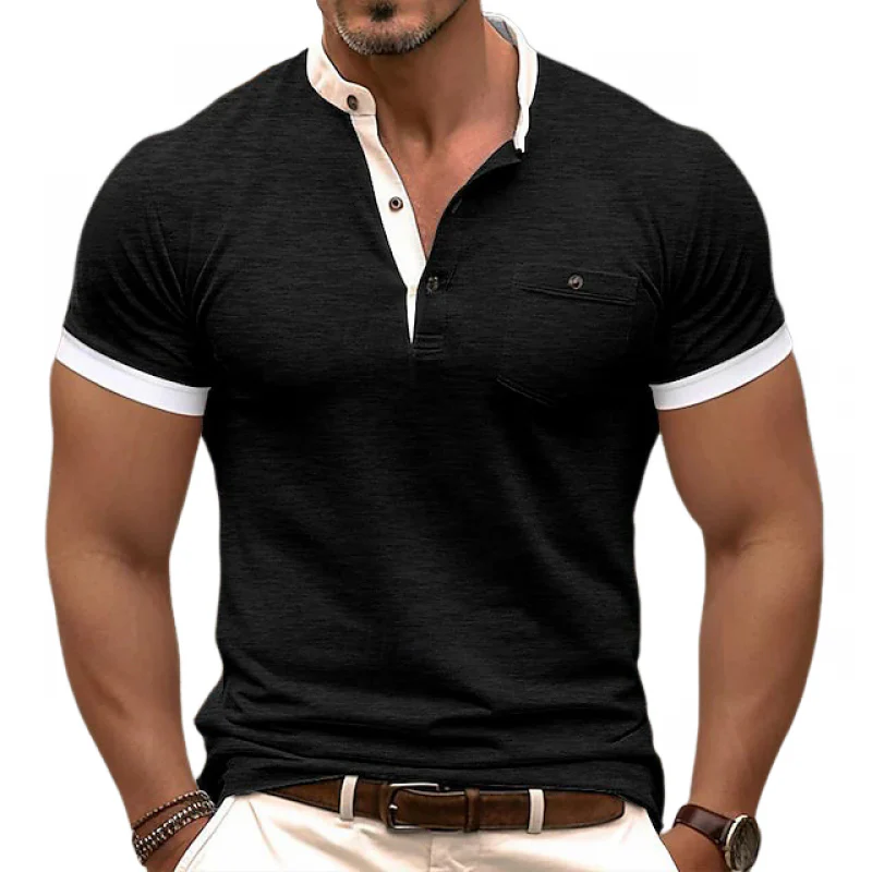 Roscoe | Men'S Casual Colorblock Cotton Henley Collar Patch Pocket Slim Fit Short Sleeve T-Shirt - Image 6