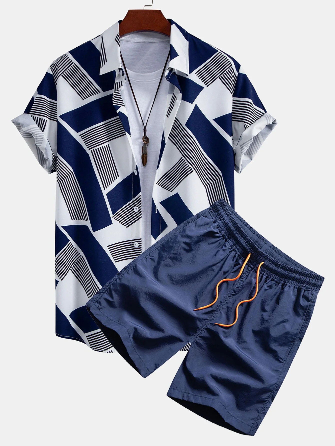 Rubén® | Color Block Geometry Print Button Up Shirt & Swim Shorts