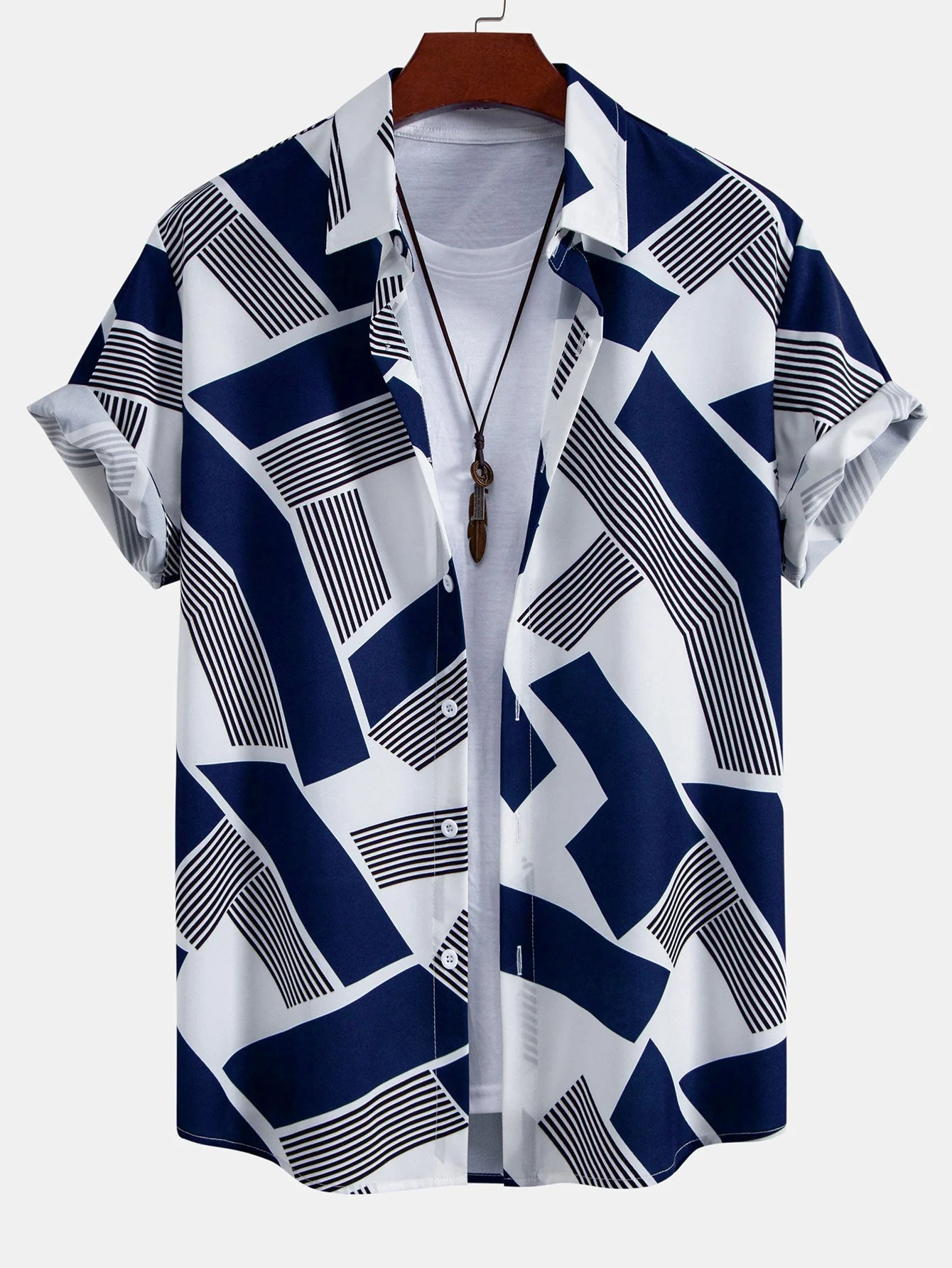 Rubén® | Color Block Geometry Print Button Up Shirt & Swim Shorts - Image 3