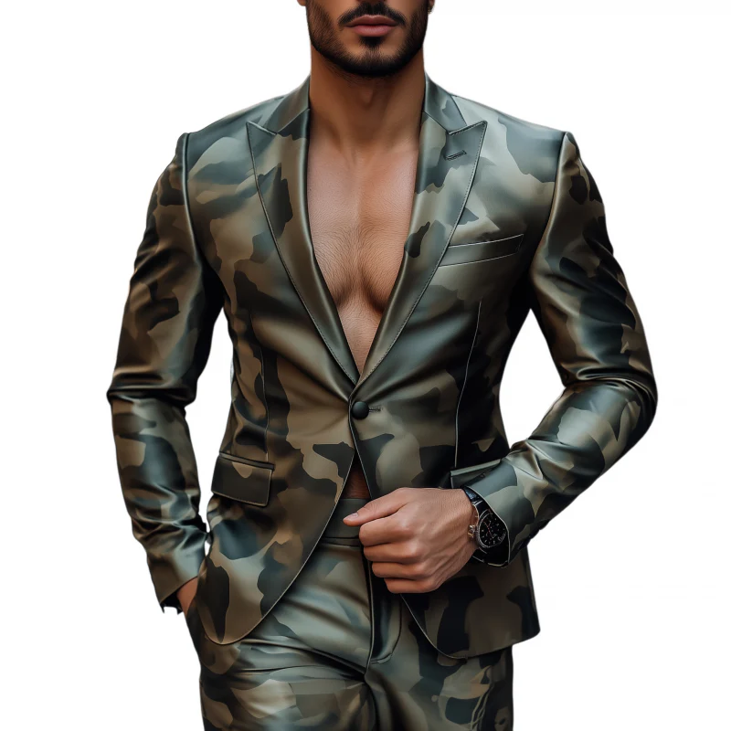 Samuel | Men'S Vintage Camouflage Print Satin Peak Lapel Single Breasted Slim Fit Blazer