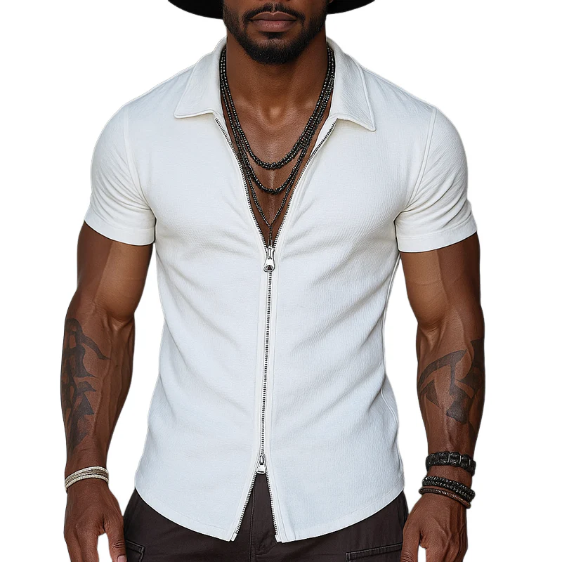 Sterling | Men'S Solid Zipper Lapel Short Sleeve Shirt