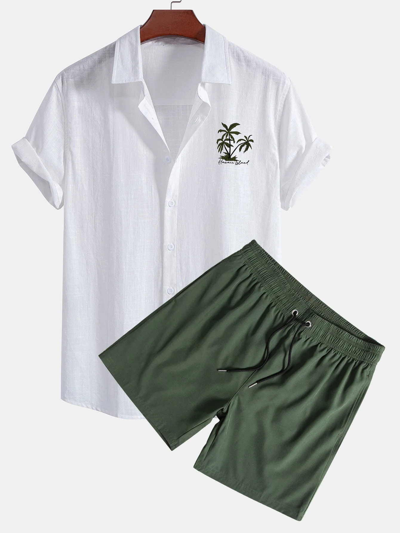 Steve® | Hawaii Palm Tree Print Linen Look Cotton Button Up Shirt & Swim Shorts